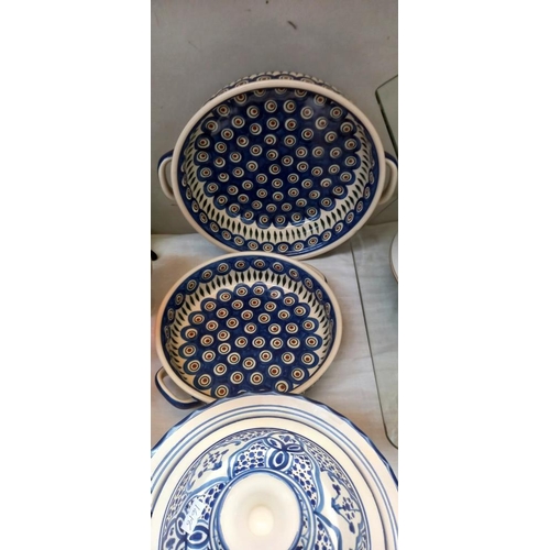 42 - Polish and Tunisia blue and white hand painted pottery bowls and tureen COLLECT ONLY