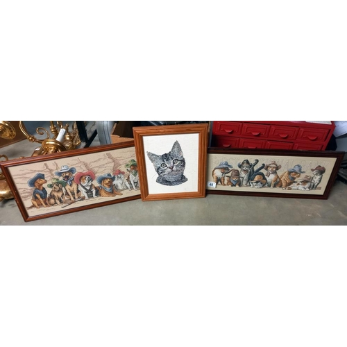 48 - 2 framed tapestries of cowboy cats and dogs