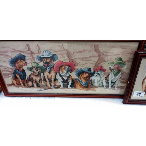 48 - 2 framed tapestries of cowboy cats and dogs