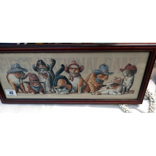 48 - 2 framed tapestries of cowboy cats and dogs