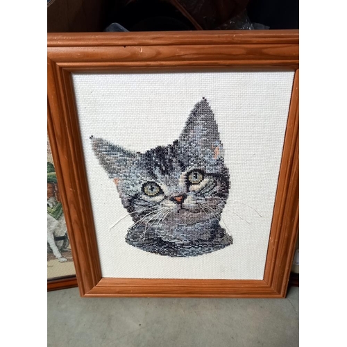 48 - 2 framed tapestries of cowboy cats and dogs