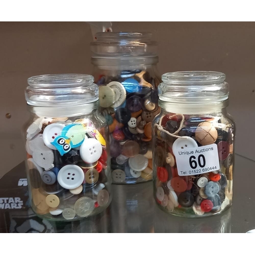 60 - 3 glass jars of vintage buttons