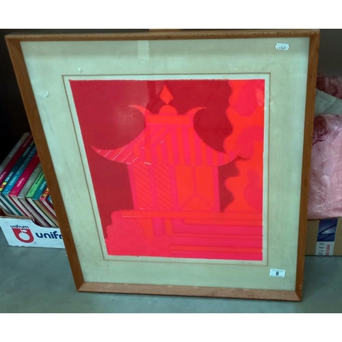 8 - A framed and glazed abstract pagoda picture by K. Lee COLLECT ONLY