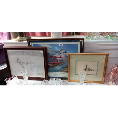 86 - 3 framed and glazed prints of aircrafts including Concord and chipmunks COLLECT ONLY