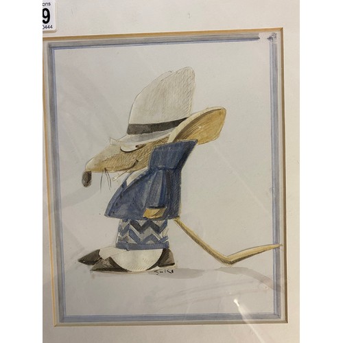 1369 - A framed and glazed picture of a cartoon Detective Mouse signed Suki ?