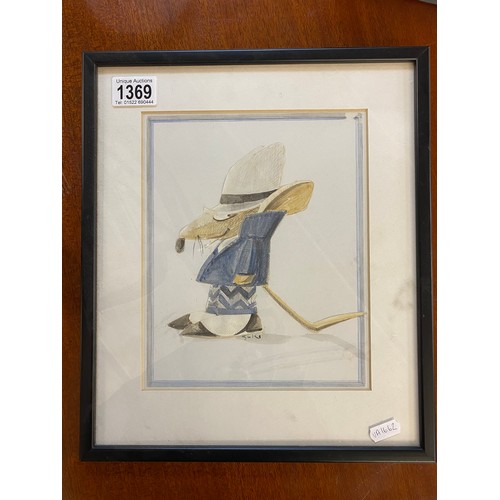 1369 - A framed and glazed picture of a cartoon Detective Mouse signed Suki ?