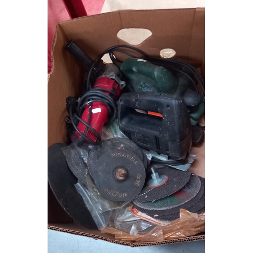 132 - A Black and Decker jigsaw, spare blades, grinder, Bosch planer etc COLLECT ONLY