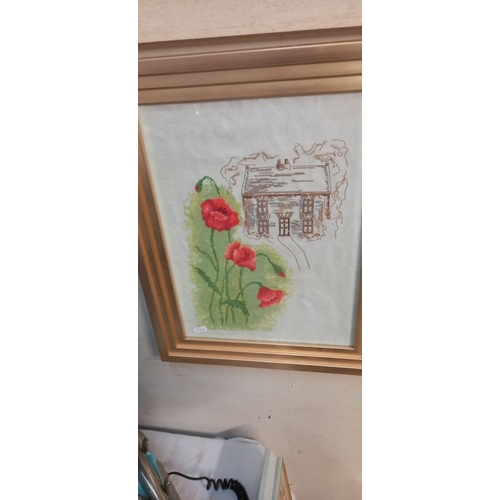 190 - Two framed and glazed poppy tapestry & one framed & glazed print, COLLECT ONLY