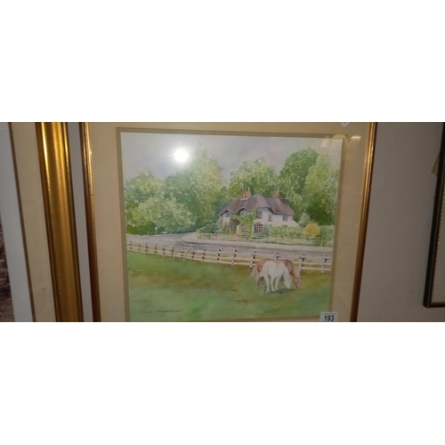 193 - A framed and glazed watercolour of horses in a field signed Olivia Woodward, COLLECT ONLY