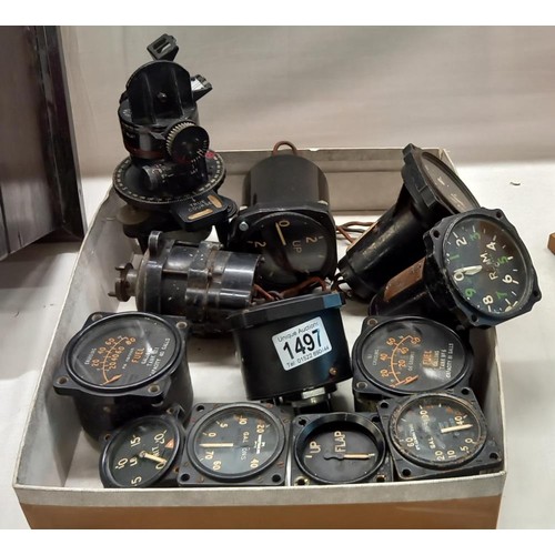 1497 - An Air Ministry Astro Compass Mk11 6A/1174 and a quantity of aircraft instruments.