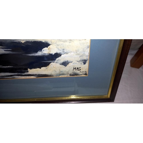 318 - A framed and glazed board of a Spitfire in the clouds, signed M.A.S.   COLLECT ONLY