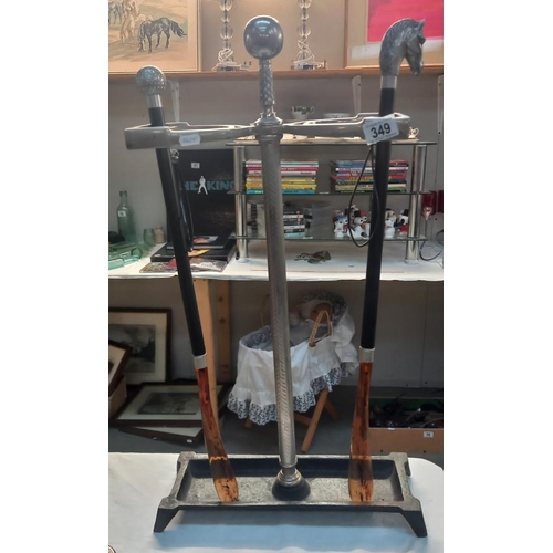 349 - An equestrian themed umbrella/stick stand with golf ball and horse head shoe horns COLLECT ONLY