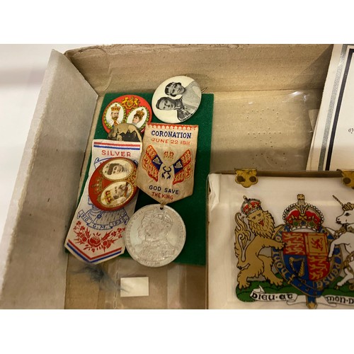 1100L - A 1953 Coronation Commemorative glass cigarette / card case and a quantity of badges and Queen Victo... 