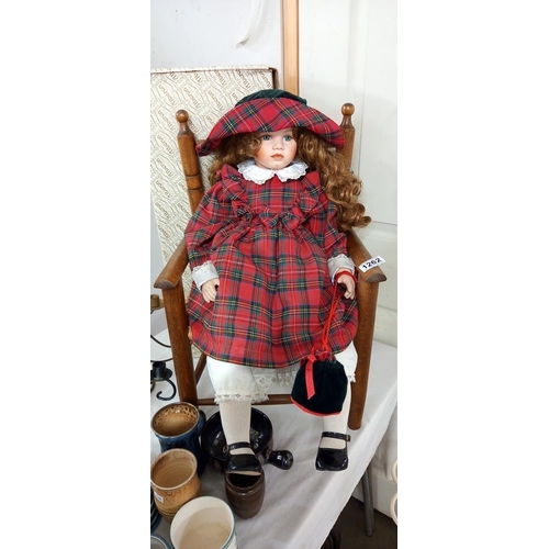 1262 - A good large Alberon bisque head Doll in Scottish clothing with vintage chair COLLECT ONLY