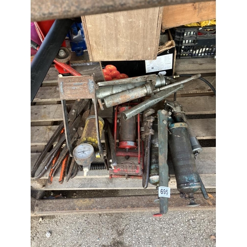 695 - A collection of snips, decorative foot pumps & grease guns COLLECT ONLY