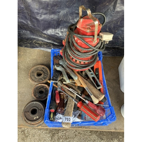 703 - A box of tools & many weights & submersible pond pump COLLECT ONLY