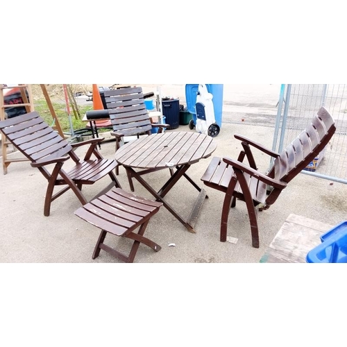 760 - A Wooden table & 3 reclining chairs & stool COLLECT ONLY