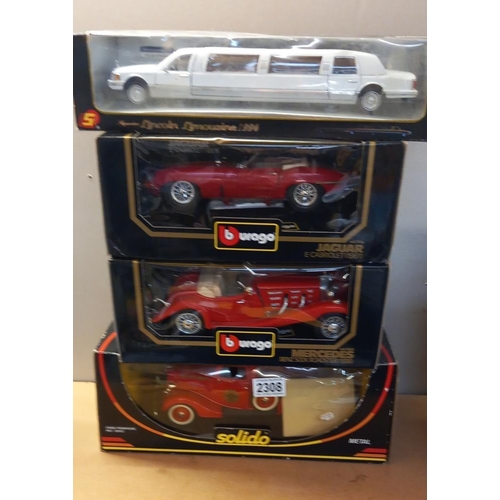 2308 - Burago Jaguar 1:18, Mercedes 1:20, Solido Ford, Pompiers & a Lincoln Limousine 1:24 scale