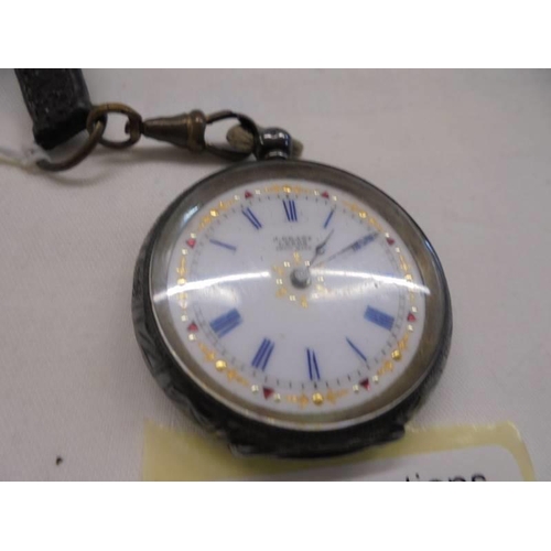 1050 - A ladies silver fob watch in need of attention.