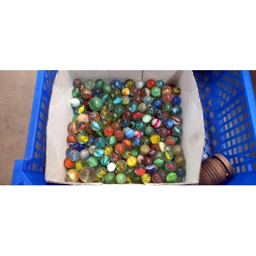 2365 - A bag of vintage marbles, tin of plastic soldiers & boxed blow football