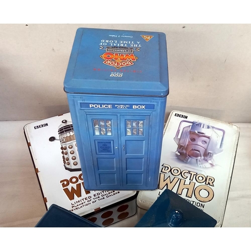 2418 - A quantity of Doctor Who Tardis's including tins & pottery money boxes