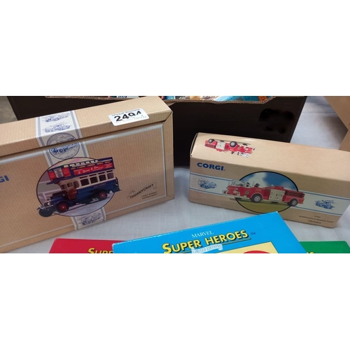 2494 - 3 Corgi Marvel Super Heroes twin packs & 2 Corgi classics Thornycroft bus & American La France fire ... 