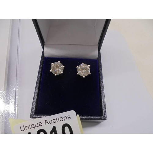 1210 - Pair of 18ct white gold 6-claw solitaire RBC diamond studs, boxed. Diamonds 3.68ct. Cert no. WGI9624... 