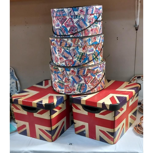 25 - A set of 3 Looney tunes stacking boxes & 2 Union flag storage boxes COLLECT ONLY