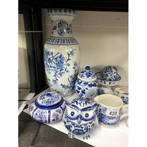 420 - Vase, Ginger jar, Pots, an owl, 6 scent bottles and a Coalport Revelry plate