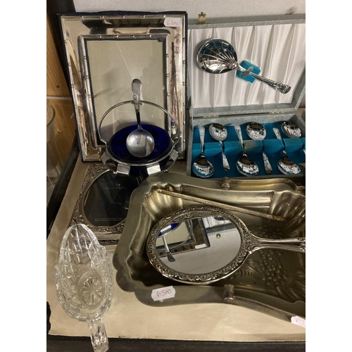 438 - Interesting plated and white metal ware lot, frames, boxed cutlery, chrome ware