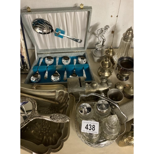 438 - Interesting plated and white metal ware lot, frames, boxed cutlery, chrome ware