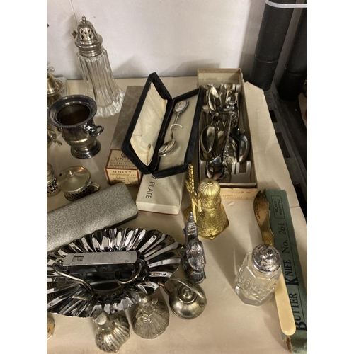 438 - Interesting plated and white metal ware lot, frames, boxed cutlery, chrome ware