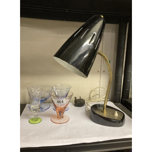 464 - A vintage Pifco angle lamp and 4 coloured glass dishes/glasses