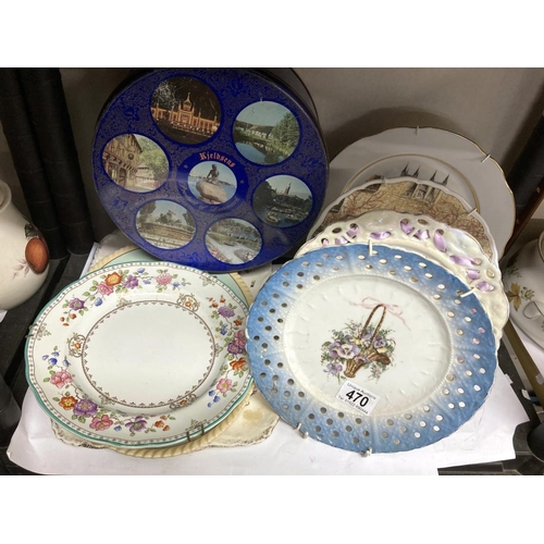 470 - A collection of hanging wall plates & blue tin