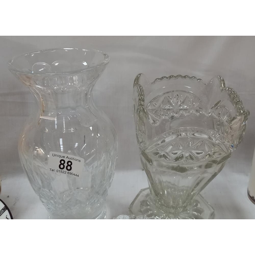 88 - A cut glass vase, 1 other and a heavy glass stand COLLECT ONLY