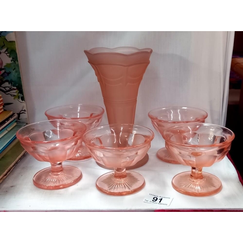 91 - A quantity of 1930s pink glass dessert bowls & vase COLLECT ONLY