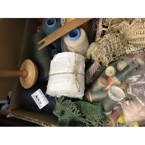 607 - A quantity of sewing threads and haberdashery items including wooden shuttle and darning mushroom