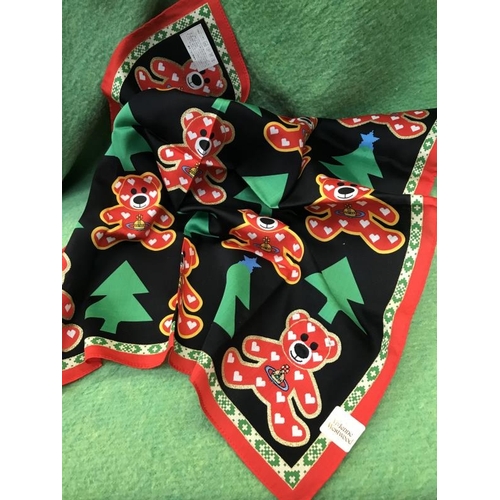 665 - Rare Vivienne Westwood Mini scarf / handkerchief with bears and Christmas trees