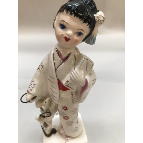 668 - Vintage ceramic Japanese girl figurine tape measure 1950's