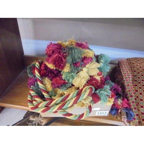 1313 - A vintage tassled throw and a quantity of curtain cords.