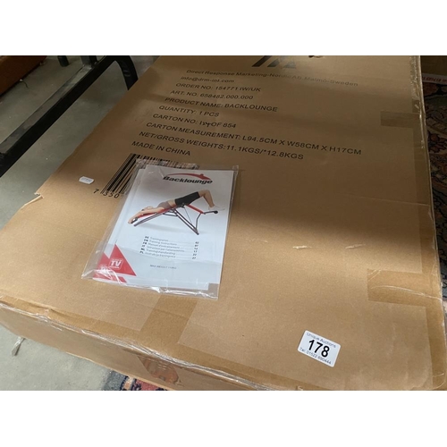 178 - A boxed new Back lounge exercise machine (Box only opened to remove brochure) COLLECT ONLY