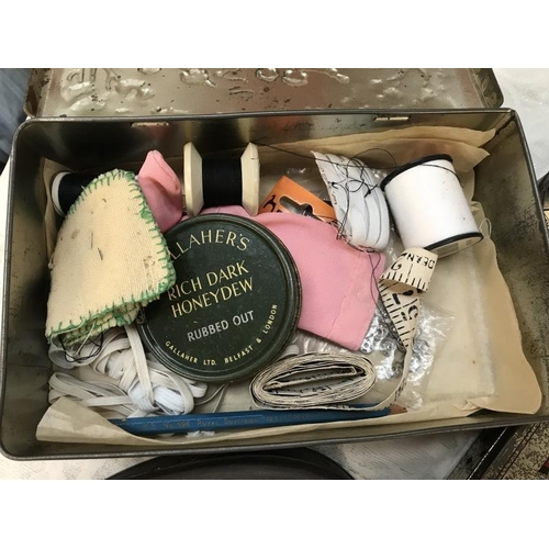 701 - Collection of 5 old Vintage tins. 1 with puzzle pieces (A/F) and 1 with yarn. Also vintage pouch wit... 