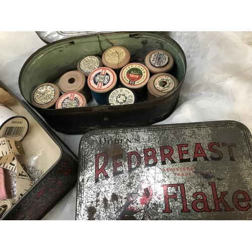 701 - Collection of 5 old Vintage tins. 1 with puzzle pieces (A/F) and 1 with yarn. Also vintage pouch wit... 