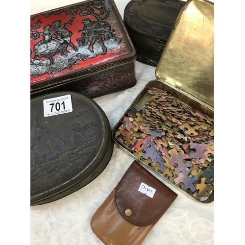 701 - Collection of 5 old Vintage tins. 1 with puzzle pieces (A/F) and 1 with yarn. Also vintage pouch wit... 