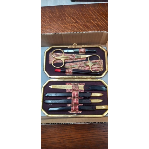 286 - A vintage manicure set, Pen knife & an inlaid box