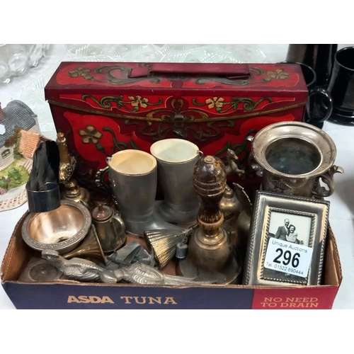 296 - A quantity of metal & brassware items including old tin & bell etc