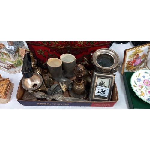 296 - A quantity of metal & brassware items including old tin & bell etc