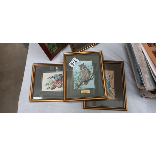 312 - 7 Small framed & Glazed pictures of birds (5 of which are Cashs woven pictures)