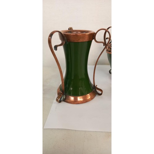 1164 - A pair of Art Nouveau copper bound vases and a similar bowl by H W Ltd., (possibly Hugh Wallis) Heig... 