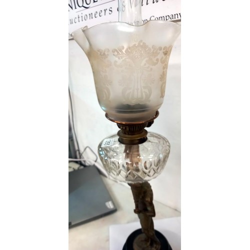 1355 - A Victorian Egyptian revival figure oil lamp with cut glass font and tulip shade. COLLECT ONLY,